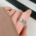 Minimalist silver adjustable open ring with liquid metal texture on finger - Wrinkled Ring J0369B-Liquid Metal Texture