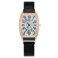 Elegant rose gold tonneau watch with rhinestone bezel and black magnetic mesh strap - Black