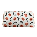 Long PU leather wallet featuring white finish with orange pumpkins and black bats prints - White Pumpkin Bat