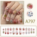 Short press-on nails set with strawberry, daisy, and plaid patterns in candy colors - Glue Style (A797)