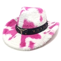 Pink and white cow print plush cowboy hat with metal bull head buckle on leather band - M (56-58cm) / Heart Crown Rose Red