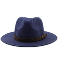 Navy blue straw fedora hat for summer with dark brown leather band and metal buckle - Navy Blue