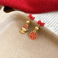 Detail of red bow earrings with lucky God of Wealth charms and golden festive elements - Alloy/Silver Pin / Red Gold Bow Fortune God & Blessings Plate (3#)