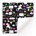 Black birthday gift wrap featuring unicorns, rainbows and magical patterns for children - Black Unicorn / 50x70cm