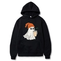 Black Halloween hoodie with cartoon ghost print, long sleeves and drawstring hood - S / Black