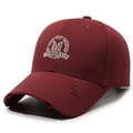 Distressed dark wine red baseball cap featuring vintage white 'M' embroidery design - Adjustable / Red