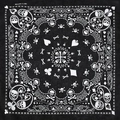 Cotton bandana featuring a black and white paisley design with skull and poker patterns - Poker Element Skull (N-23)