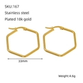 Flat lay of 33mm 18k gold plated stainless steel hexagonal hoop earrings for women - Gold (33*33mm)