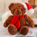 Brown plush teddy bear wearing a red Christmas hat and scarf with Happy Bear embroidery - 20cm (With Santa Hat) / Red Scarf Dark Brown Bear