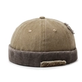 Bonnet docker vintage kaki et marron foncé avec broderie denim et détails usés - Réglable / Chapeau Kaki avec Bord Café