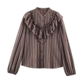 Bruin-wit gestreept damesoverhemd met lange mouwen en dubbele ruches-decoratie - XS / Bruine strepen