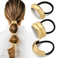 Minimalist gold metal hair tie set with smooth mirror finish and black elastic band - Set 1 / Gold