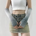 Grey-blue gradient knit arm warmers with fingerless design for cold weather - Arm Warmers / Gradient Grey / [product Attributes] This Product Is A Pair Of [gray-blue Gradient] [knitted] Arm Sleeves With A [fingerless] Design. The Model Showcases The Wearing Effect Covering From The Wrist To The Upper Arm. No Other [specifications] Or [quantity] Information Is Available. [visual Presentation] The Photos Were Taken With A Professional Model Against A Clean White Wall Background. The Composition Focuses On The Arm Area Wearing The Product With Soft And Natural Lighting. The Image Quality Is [high] Because The Subject Is Clear And Sharp The Exposure Is Accurate And There Is No Noise. The Aesthetic Appeal Is [high] The Composition Is Reasonable The Color Scheme Is Natural And It Effectively Showcases The Product Details. [text Content] No Text Logos Watermarks Or [certification Marks] Were Extracted From The Image. [review Conclusion] The Image Is Deemed [approved]. Because The Product Subject Is Clear And There Are No Illegal Contents Or Text Elements Requiring Processing It Can Be Directly Used On Cross-border E-commerce Platforms. [logistics Labels] No Specific Logistics Attributes Were Found. [infringement Risk] No Brand Logos Or Well-known Ip Images Were Found; Therefore There Is No Infringement Risk. 【product Parameters】summary Parameter Information Includes: 【color: Gray-blue Gradient】【material: Knitted】【type: Fingerless Sleeve】.