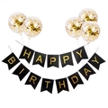 Birthday party set with black gold banner and clear balloons with gold sequins - Gold Confetti Balloons + Black Hot Stamping Birthday Set