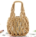 Detail of hand-woven beige cotton mesh tote bag with soft inner fabric lining and handles - Brown