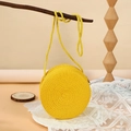 Yellow round woven straw shoulder bag for beach with spiral texture and long strap - 16cm / Yellow