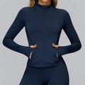 Slim fit dark blue yoga jacket with full zip stand collar and thumbhole sleeves - S / Navy Blue