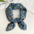 Grey-blue cotton linen small square scarf with yellow and pink floral prints - Blue Spring Flower