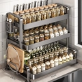 3-tier black metal kitchen spice rack organizer with utensil holder, 45x24x60 cm - 3-Layer Gun Grey 45CM Full Set (Chopstick Tube + Board Rack) + 4 Hooks