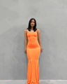 Slim fit bright orange backless maxi dress with thin straps for a sleek summer look - S / Orange