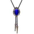 Vintage bronze bolo tie with oval blue stone centerpiece and black braided leather cord - 44 (Bronze with Blue Cat's Eye)