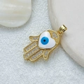 Gold Hamsa Hand pendant with white heart and blue Evil Eye inlay on white shell - D3507JB Pendant 13