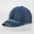 Detailed view of dark blue washed denim fabric on a six-panel classic baseball cap - One Size / Deep Blue Denim (A)