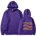 Purple hooded sweatshirt with front pocket and Forever Chasing Sunsets back print in size M - S / Purple