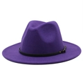 Detailed shot of purple wool fedora hat featuring black leather band and gold buckle - M(56-58cm) / Purple