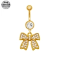 Detail of 316L surgical steel golden bow belly ring with sparkling rhinestone inlay - Gold Bow with White Rhinestone (24080101-4)