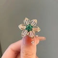 Elegant gold flower ring with green center stones and clear crystal petals - 423# Petal