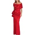Elegant red satin floor-length evening gown with one-shoulder design and bow detail - US size 14 (XL) / Top And Bottom / Red