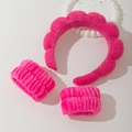 Detail view of pink cloud sponge headband and absorbent wristbands for face washing - Rose Red Headband And Wristbands Set