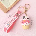 Porte-clés chat glace rose avec dragonne en silicone et fermoir mousqueton doré - Chat Glace PVC Souple Dessin Animé / Rouge
