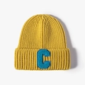 Yellow knit beanie with blue letter C patch, thick winter ribbed cuff skull cap - One Size / Yellow