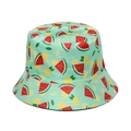 Close-up of watermelon and lemon print on green cotton bucket hat with stitched brim - Light Green Watermelon Lemon Fruit Print (12)