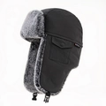 Black trapper hat with gray faux fur lining, adjustable strap and side pocket detail - Dark Gray