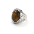 Vintage stainless steel signet ring with oval brown tiger eye stone and radial texture - Steel Tiger Eye