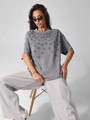 Oversize Damen-T-Shirt aus grauer Waschbaumwolle mit H-Muster im Streetwear-Stil - M / Gewaschenes Grau