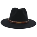 Detail of black wool fedora featuring a brown woven band and a gold feather charm - Black