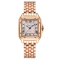 Close-up of square rose gold quartz watch with Roman numerals and date window display - Large / Rose Gold