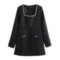 Elegante vestido corto de tweed negro con escote cuadrado y detalles de perlas en blanco - XS / Negro