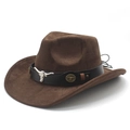 Classic brown suede western cowboy hat with a metal bull head ornament on leather band - M (56-58cm) / Brown