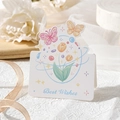 Foldable white greeting card with colorful tulips and butterflies with Best Wishes text - Butterfly Blooms