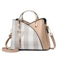 Women contrast color tote bag in beige and grey fabric with heart pendant and gold handle - Large Grid Khaki