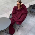 Completo in maglia bordeaux oversize con maglione a mezza zip e pantaloni ampi a coste - S / Borgogna