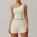 Ensemble de yoga blanc crème avec brassière une épaule et short cycliste taille haute - S / Haut Et Bas / Abricot Crème (Débardeur+Short)