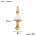 Macro view of gold mushroom pendant with white enamel detailing and 1.8cm size metrics - Gold + White