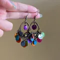 Close-up of bohemian drop earrings with colorful sequins and vintage bronze metal frames - Multicolor (48# Ear Hook)