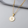 18K gold plated necklace with round white shell pendant featuring the letter S - Letter S Style / Gold